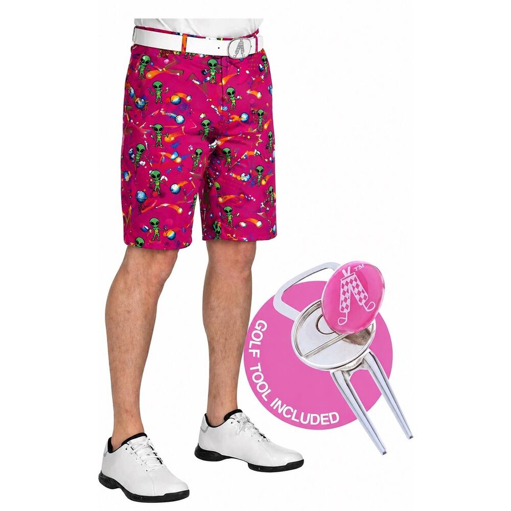 Life on Par Golf Shorts Men’s Size 34 NWT Pink Alien Print Royal & Awesome Tool